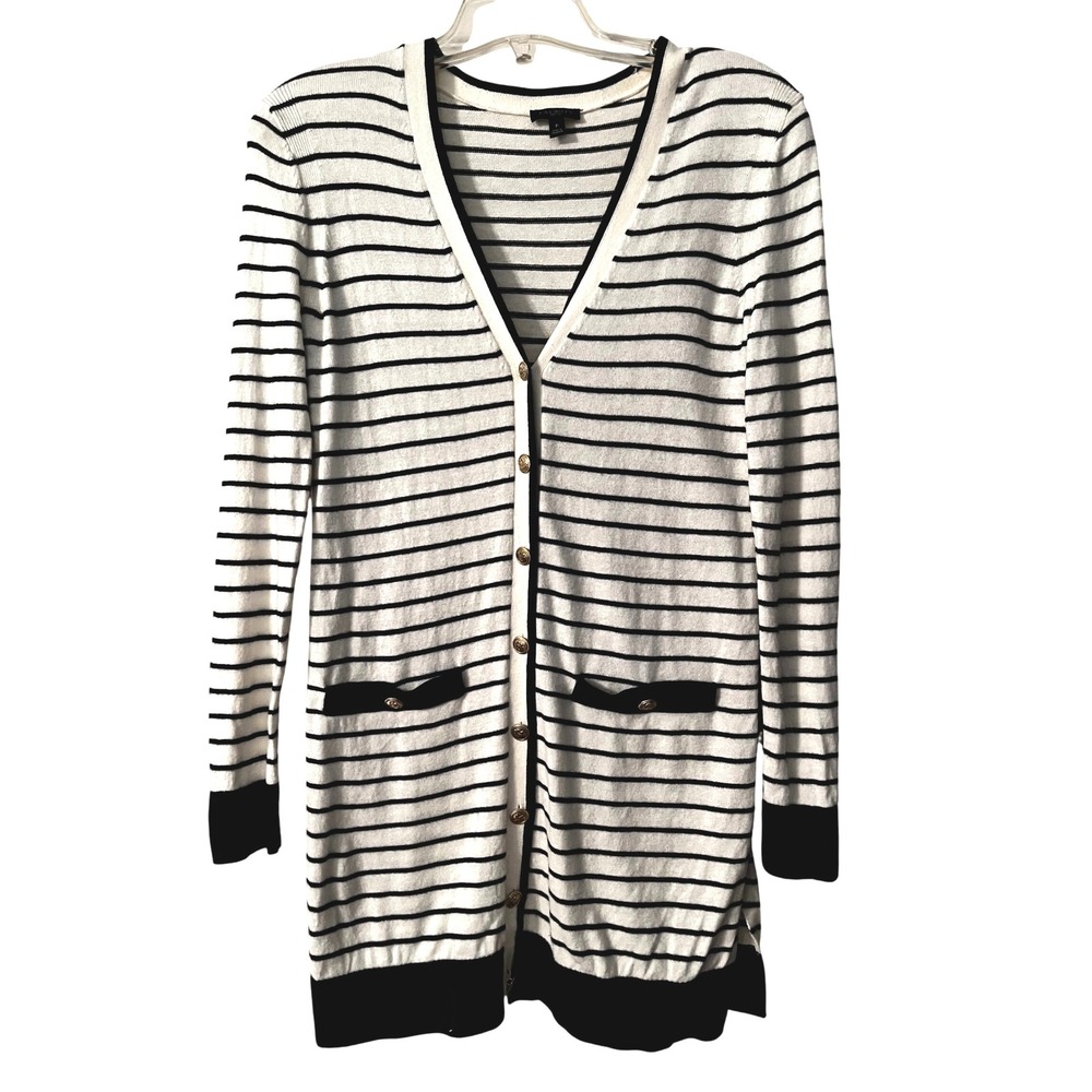 Talbots Cardigan Sweater Striped Longline‎ Button Front Pockets